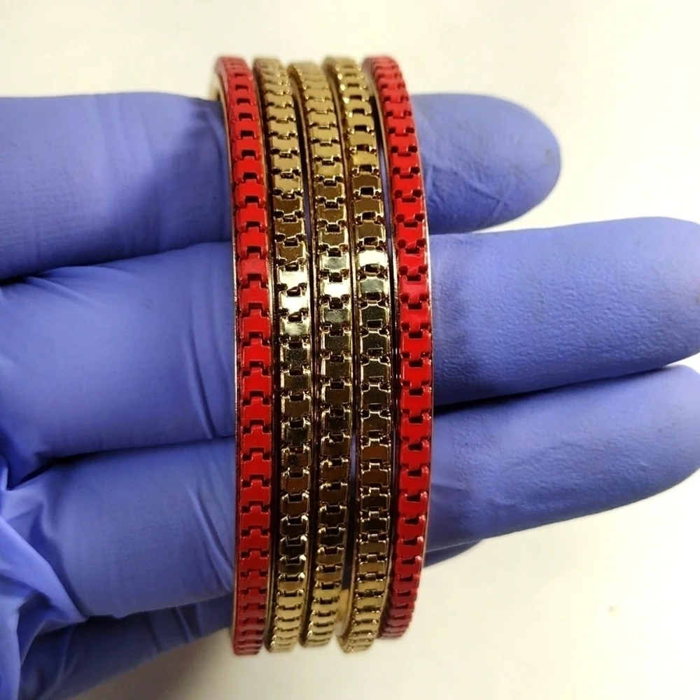 Women's Stunning Set of 5 Dainty Gold & Red Colors Bangle Bracelets Jewelry